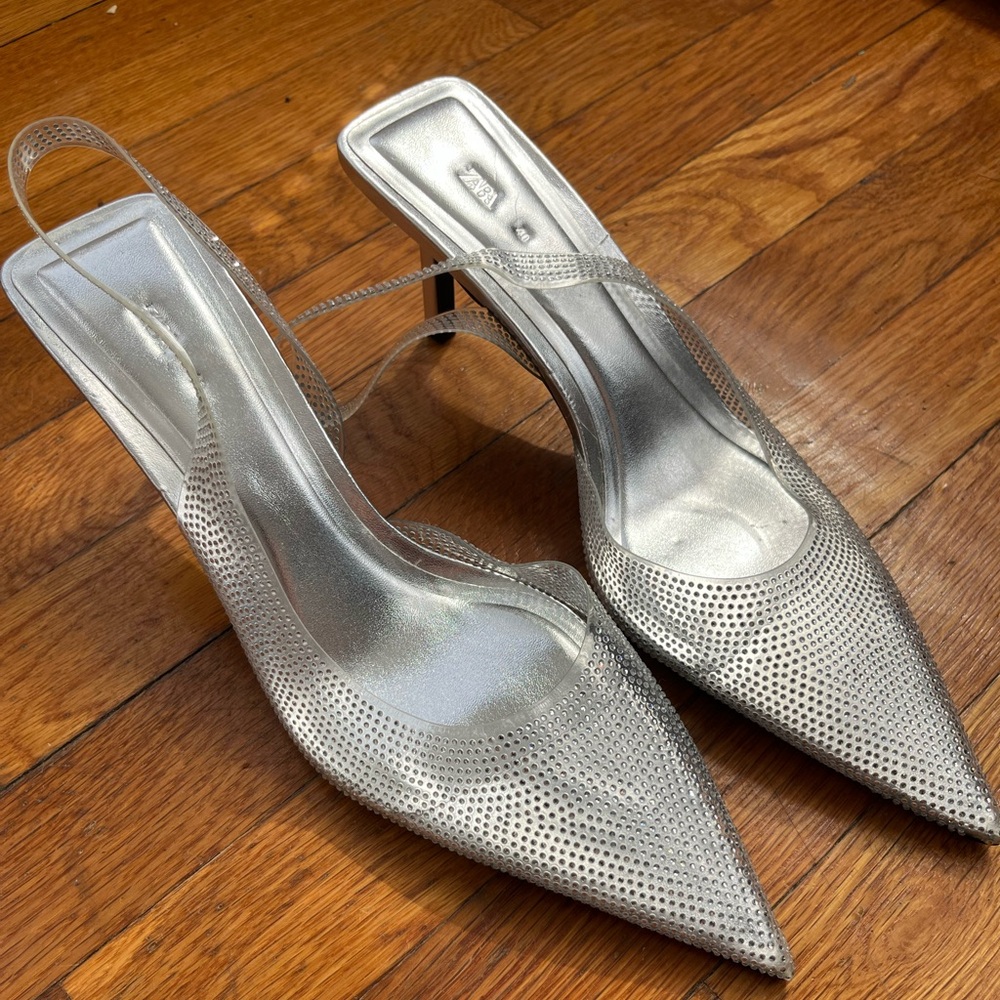 Zara clear vinyl & silver rhinestone pointed toe heels size 40